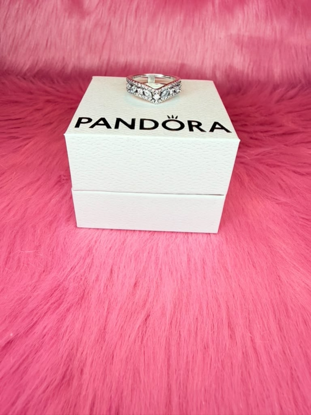 Pandora Silver Chevron Ring with Clear Stones - Pink and Silver